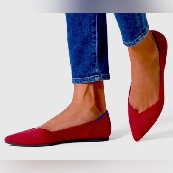 Rothy's Shoes - Rothy's Red Pointed Toe Flats with Blue Heel Trim Size 8